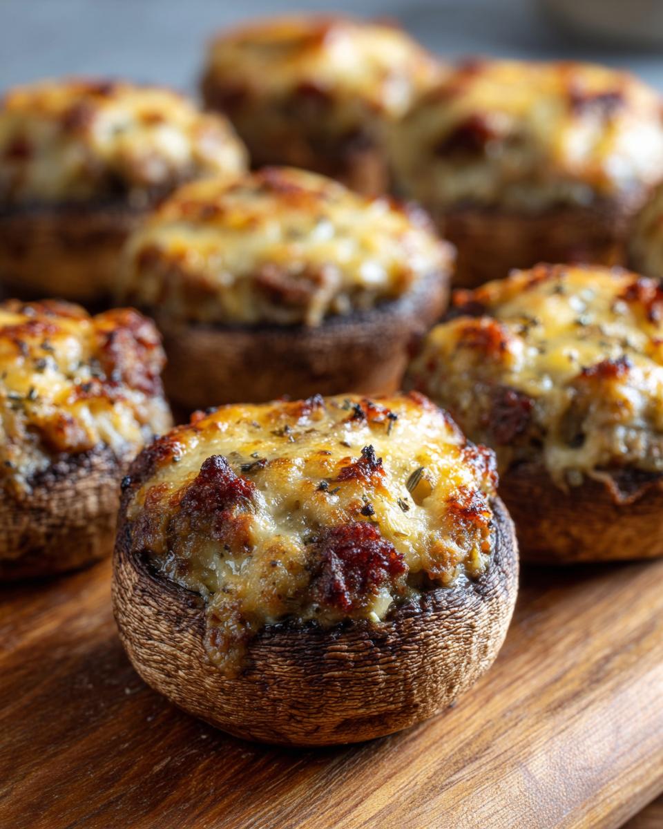 Close-up of golden-brown sausage stuffed mushrooms topped with melted cheese and herbs on a wooden board.