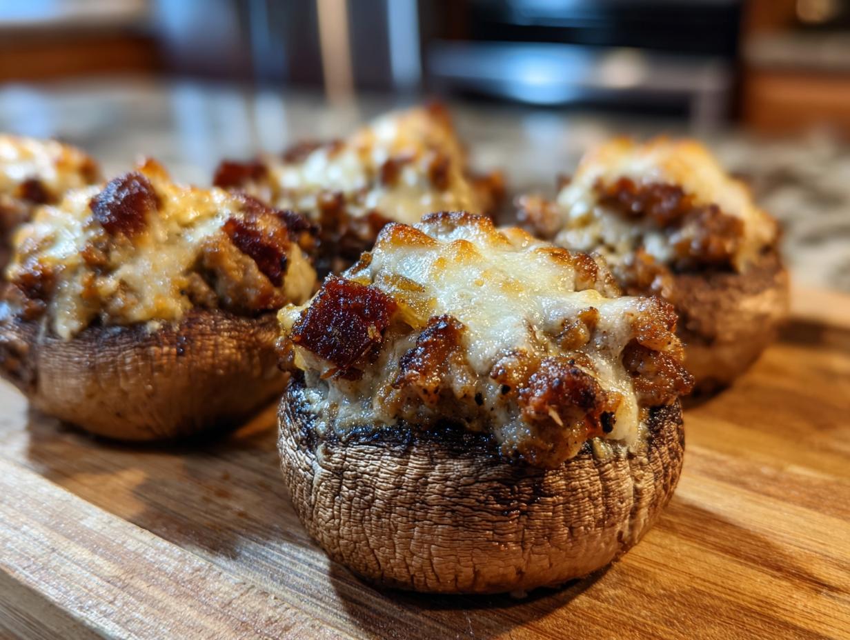 Close-up of baked sausage stuffed mushrooms topped with melted cheese and crispy bits.