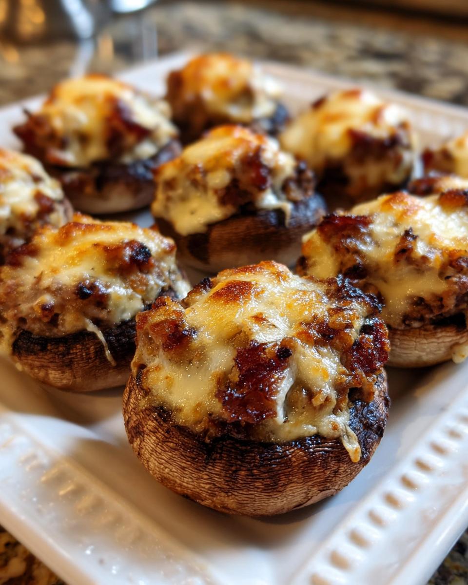 Close-up of golden-brown sausage stuffed mushrooms topped with melted, bubbly cheese.