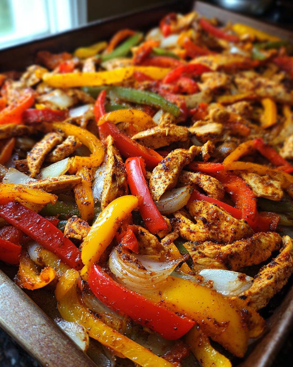 A close-up of colorful sheet pan chicken fajitas with red, yellow, and green bell peppers and onions, seasoned and cooked on a baking sheet.