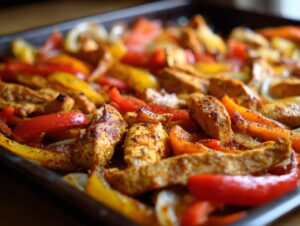 Close-up of colorful sheet pan chicken fajitas with red and yellow bell peppers and onions.