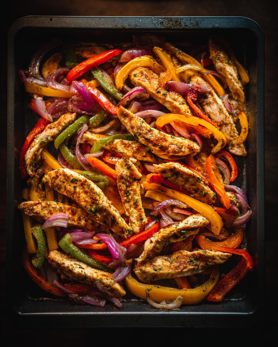 A close-up overhead view of colorful sheet pan chicken fajitas with sliced chicken breast, red, green, and yellow bell peppers, and red onion.