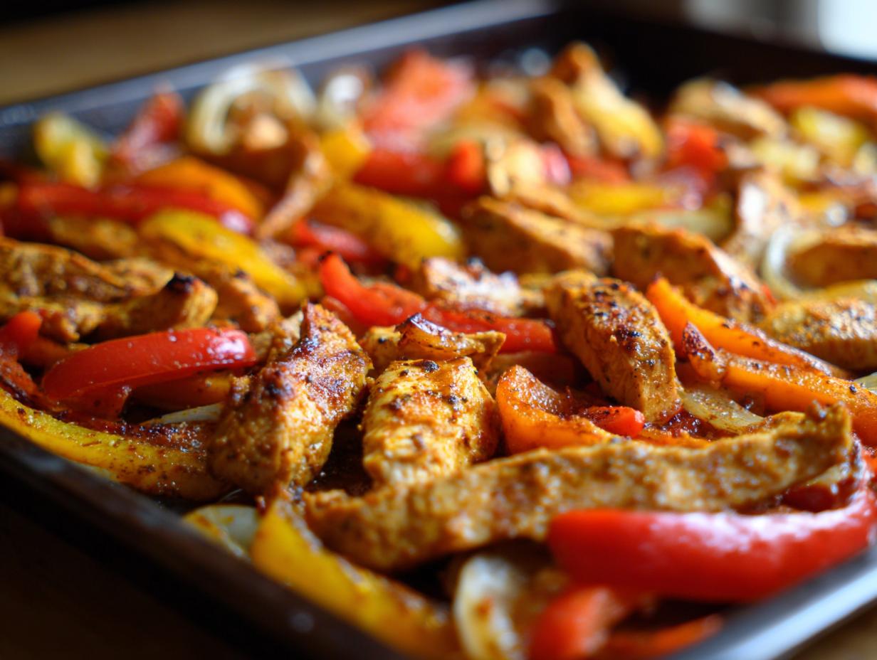 Close-up of colorful sheet pan chicken fajitas with red and yellow bell peppers and onions.