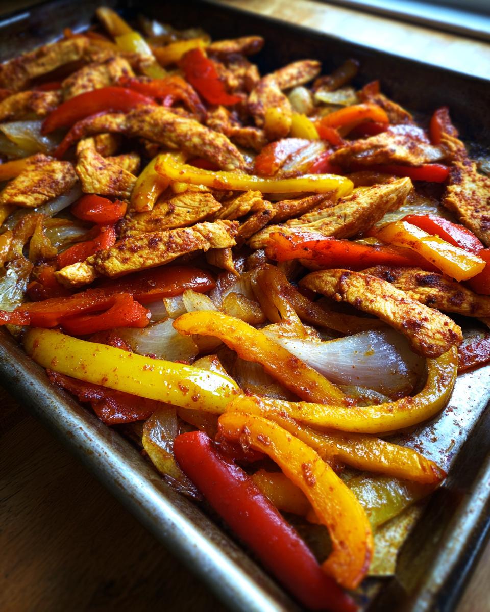 Close-up of colorful sheet pan chicken fajitas with sliced red and yellow bell peppers and onions.