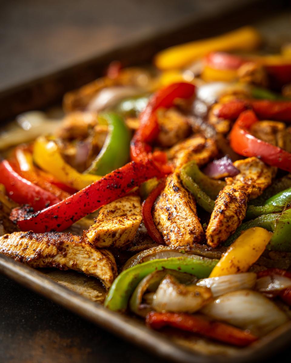Close-up of colorful sheet pan chicken fajitas with red, green, and yellow bell peppers and onions.