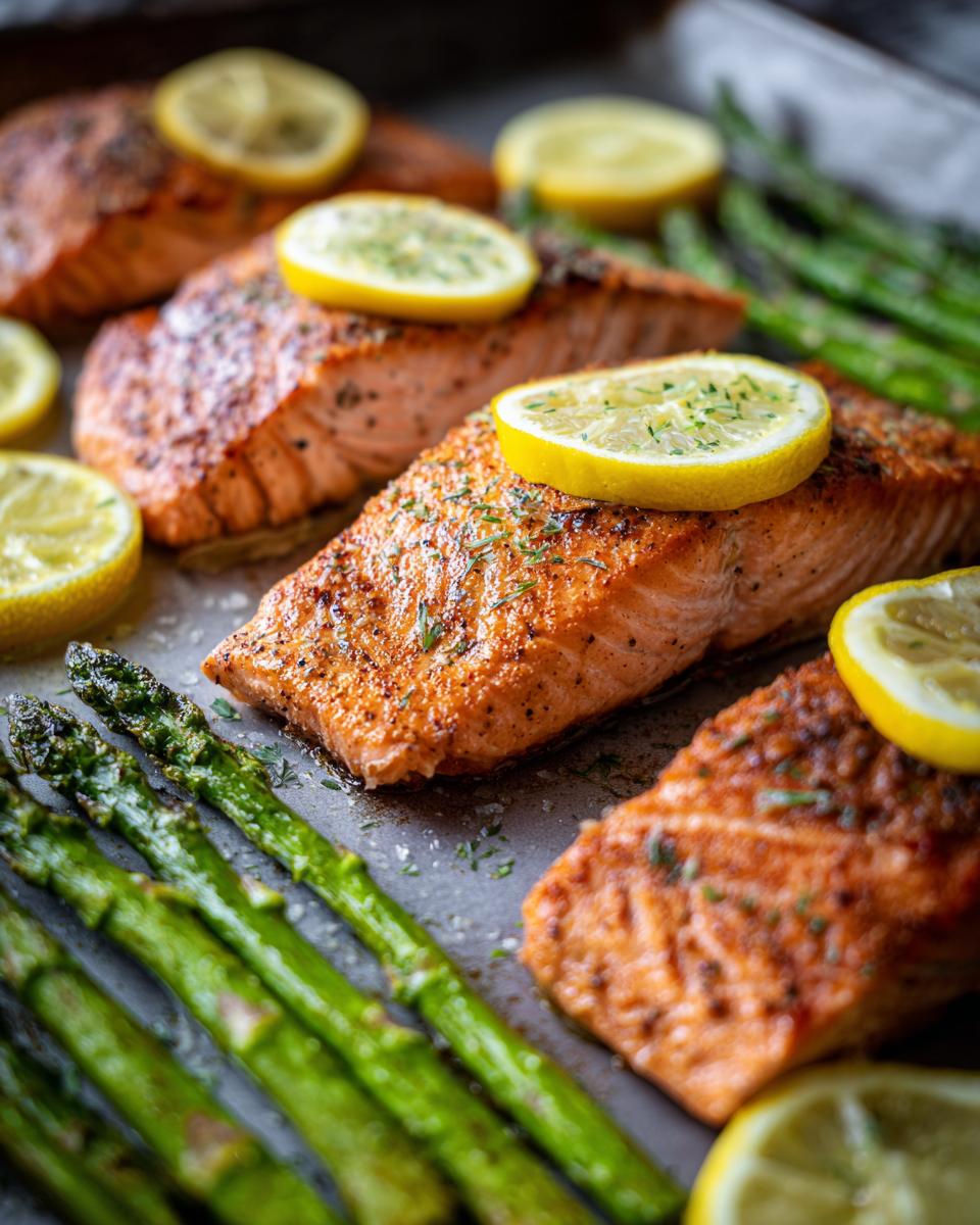 Close-up of perfectly cooked sheet pan salmon and asparagus topped with lemon slices.