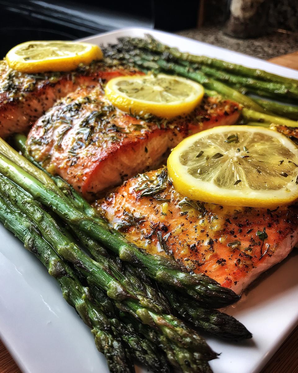 Close-up of perfectly cooked sheet pan salmon and asparagus topped with lemon slices and herbs.