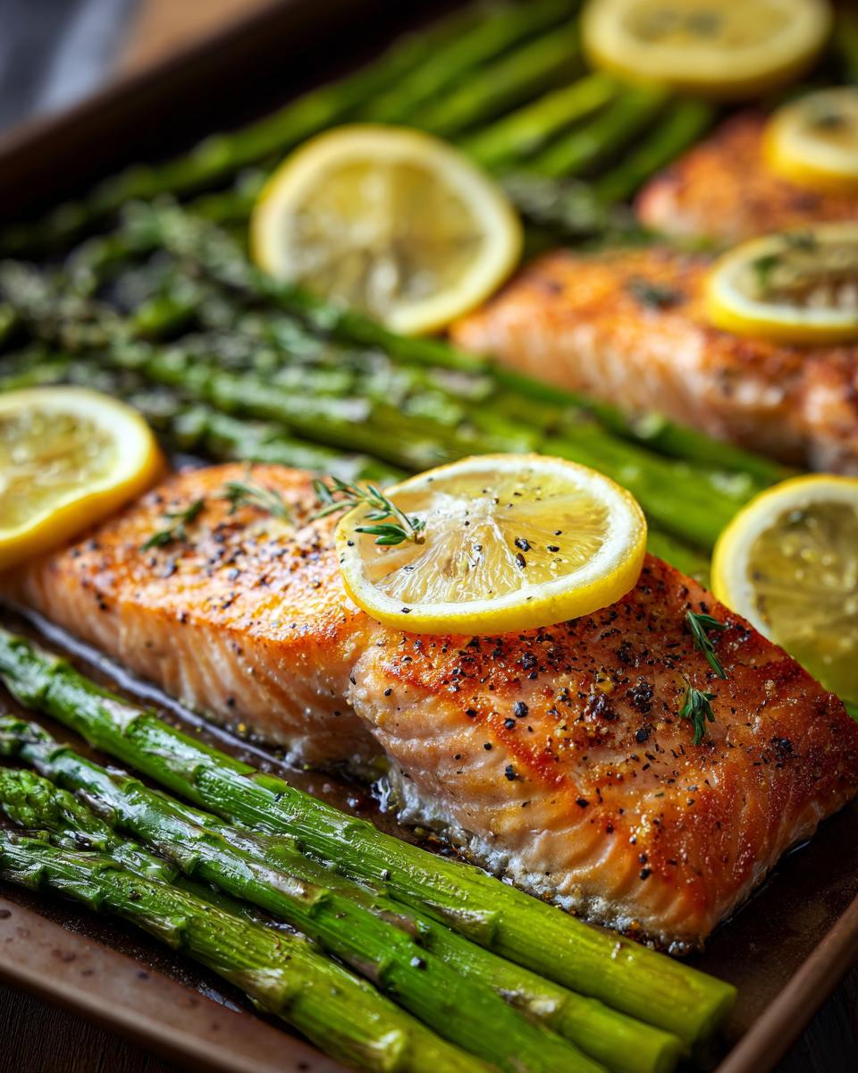 Close-up of perfectly cooked sheet pan salmon and asparagus topped with lemon slices and herbs.