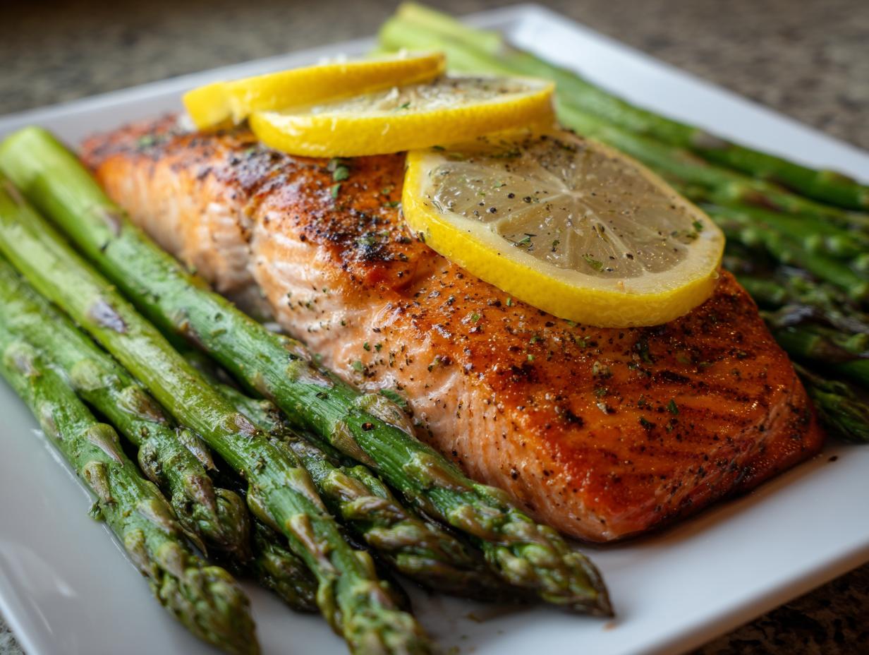 A perfectly cooked sheet pan salmon and asparagus dish topped with fresh lemon slices and herbs.