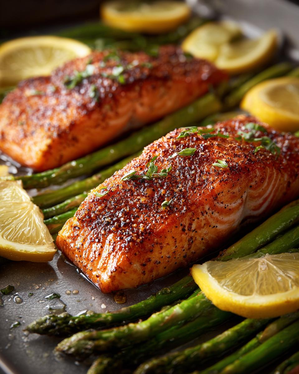 Two perfectly cooked fillets of sheet pan salmon and asparagus, garnished with lemon slices and herbs.
