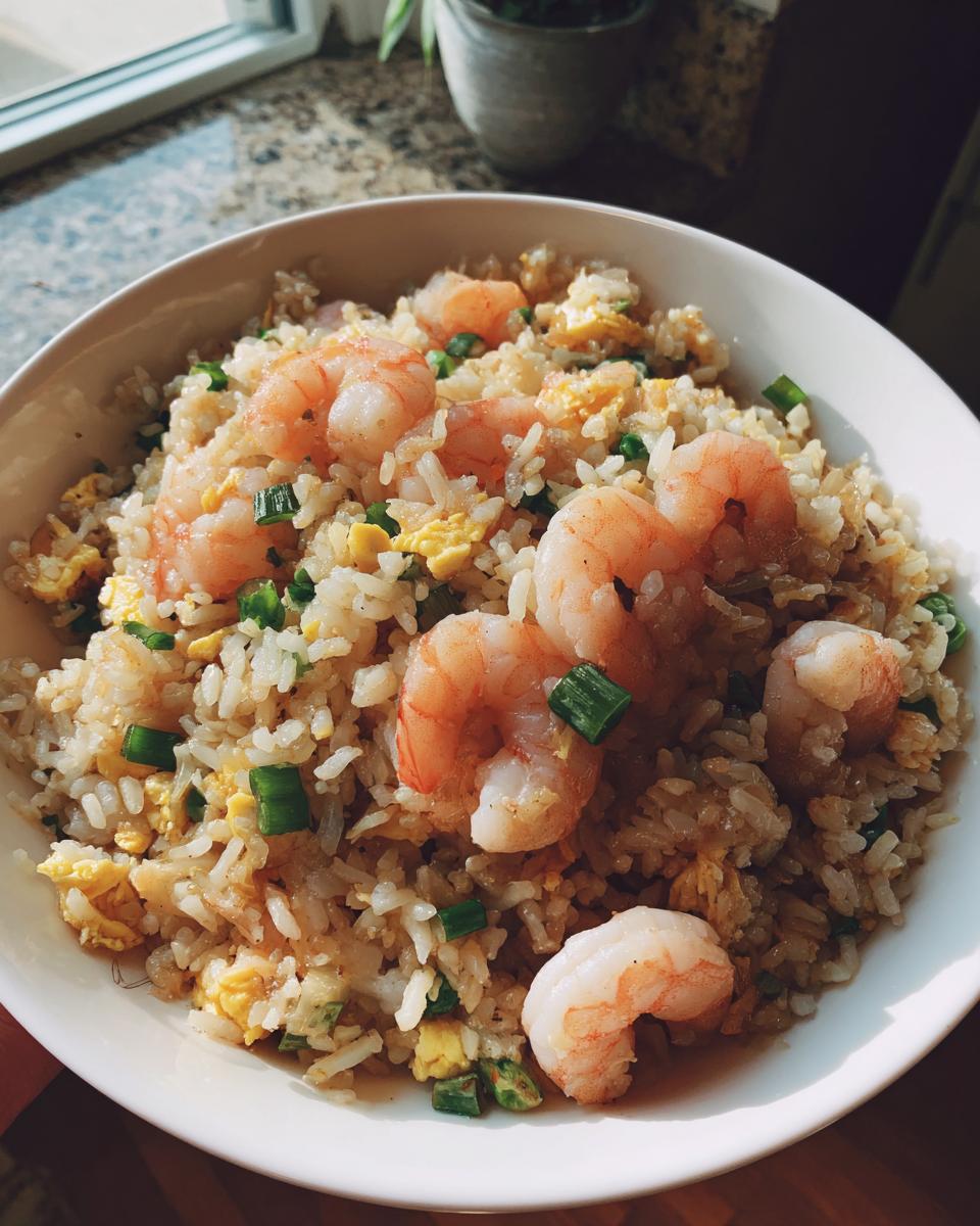 A close-up of delicious shrimp fried rice, featuring plump shrimp, scrambled egg, and chopped green onions in a white bowl.