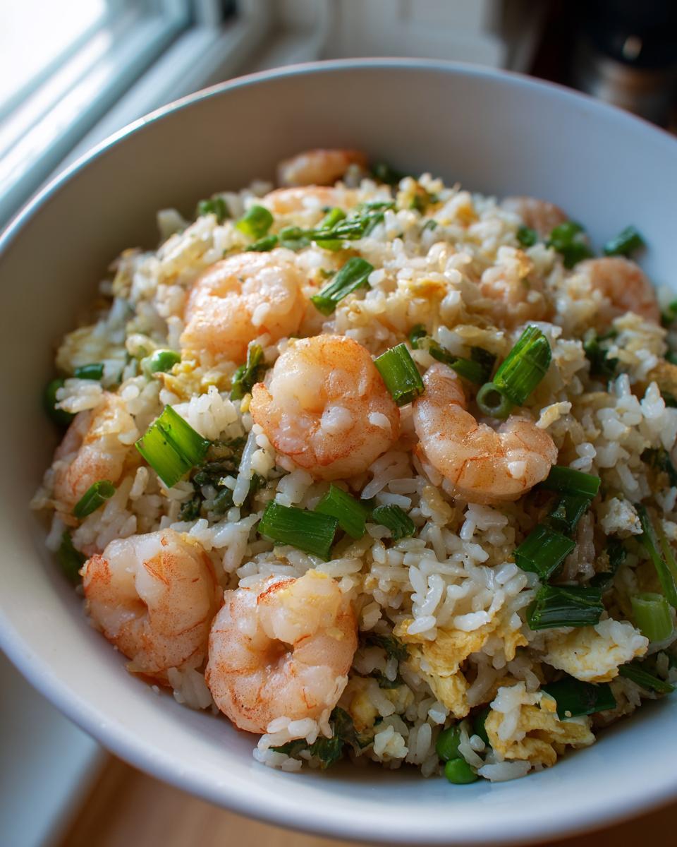 A close-up of a bowl filled with flavorful shrimp fried rice, featuring plump shrimp, scrambled eggs, peas, and chopped scallions.
