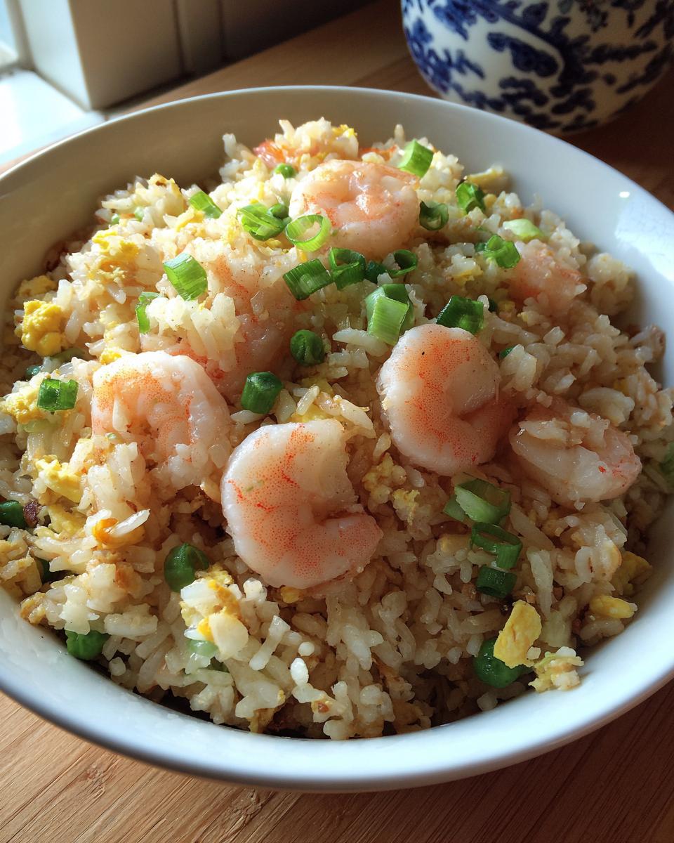 A close-up of a bowl of shrimp fried rice, topped with plump shrimp, peas, and chopped scallions.
