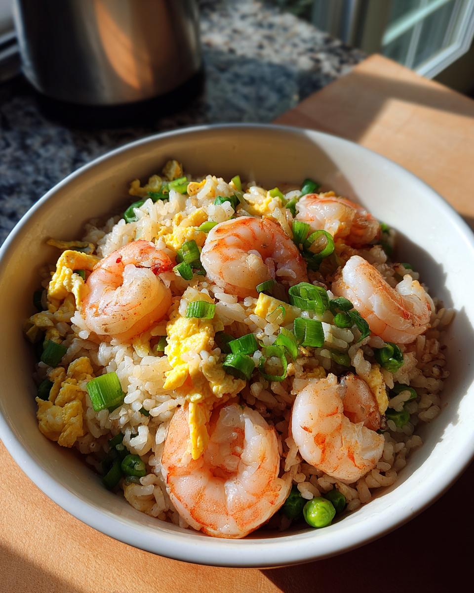 A bowl of delicious shrimp fried rice topped with plump shrimp, scrambled eggs, peas, and green onions.