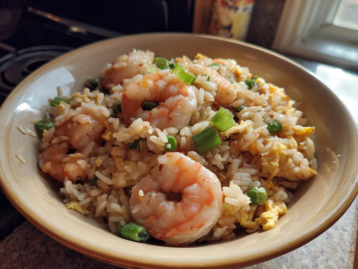 A close-up of a bowl filled with delicious shrimp fried rice, featuring plump shrimp, peas, scrambled egg, and green onions.