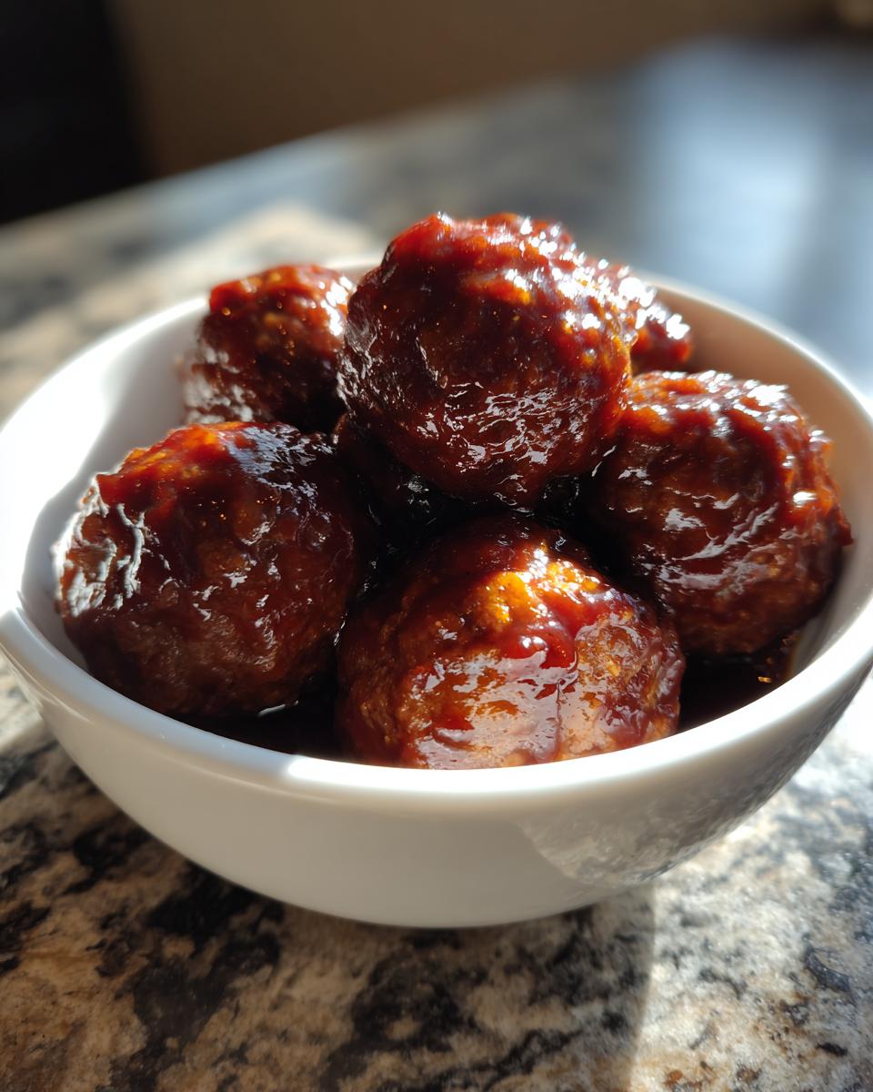 A close-up shot of glossy slow cooker BBQ meatballs piled high in a white bowl.