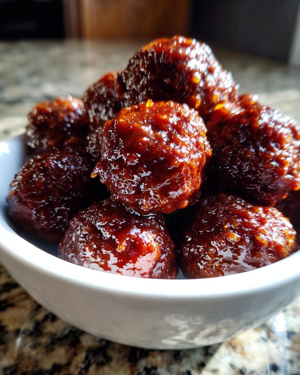 Close-up of glistening slow cooker BBQ meatballs piled high in a white bowl.