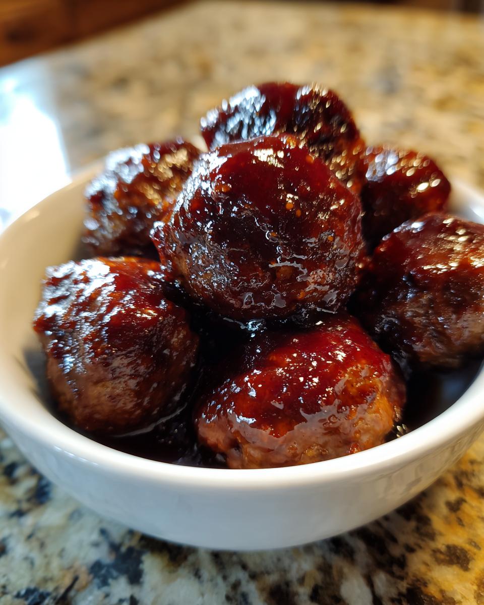 A close-up of a white bowl filled with glossy, saucy slow cooker BBQ meatballs.