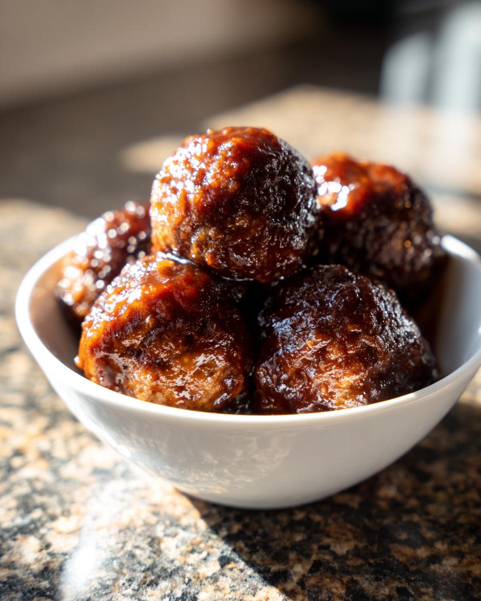 A white bowl filled with glistening slow cooker BBQ meatballs, coated in a rich, dark sauce.