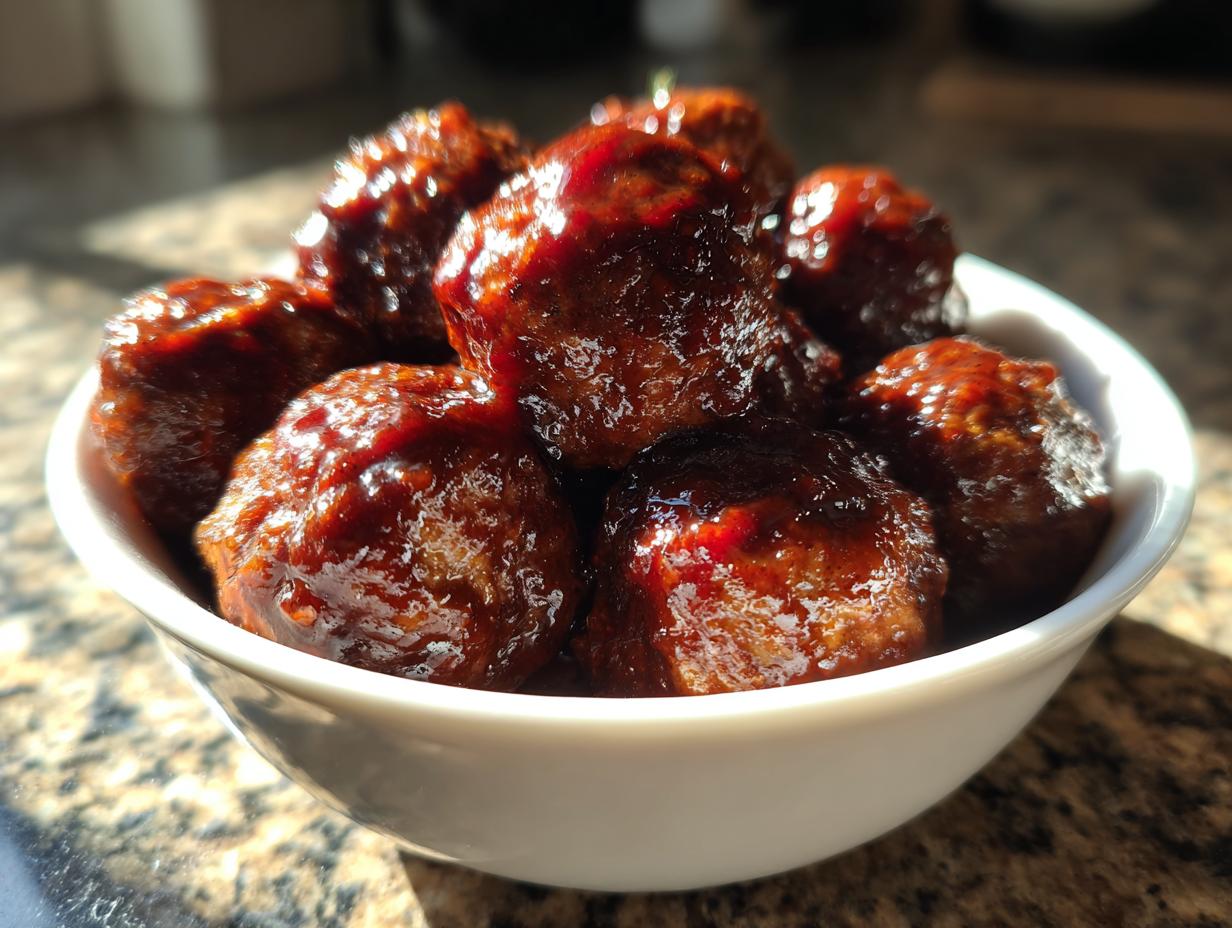 A close-up of a white bowl filled with glistening slow cooker BBQ meatballs.