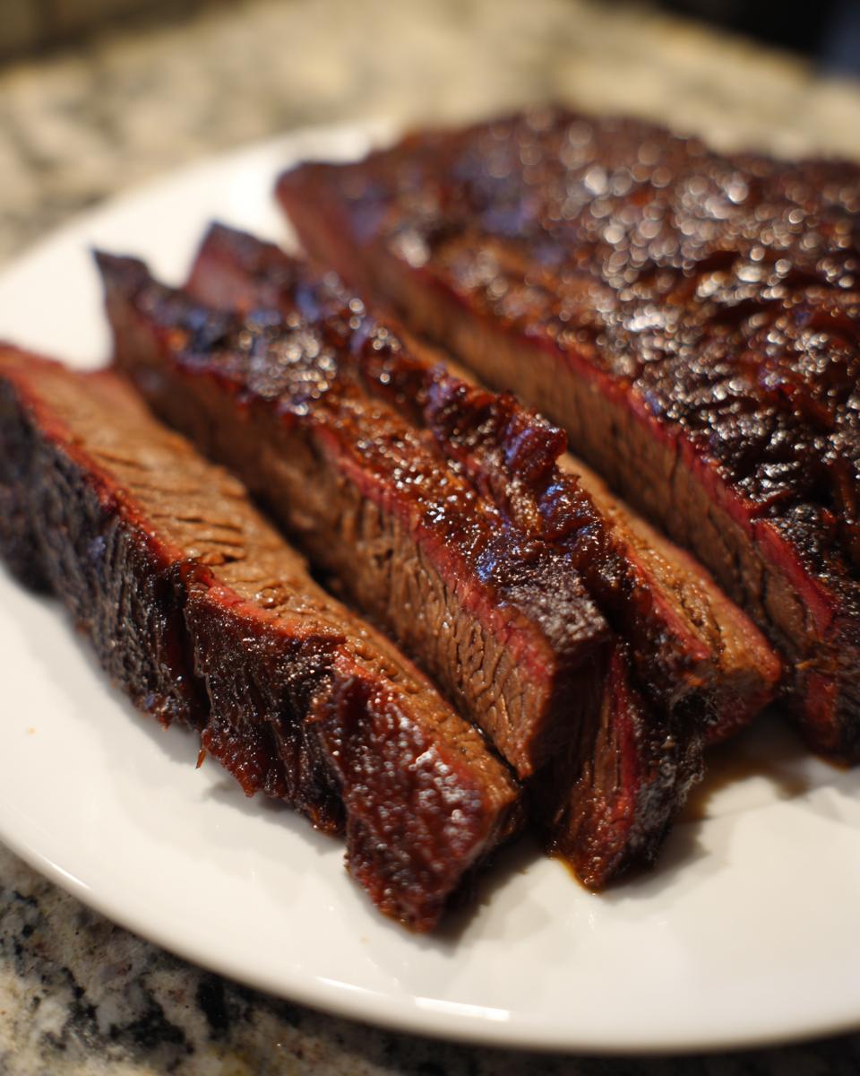 Close-up of tender, sliced slow cooker beef brisket with a dark, glossy bark.