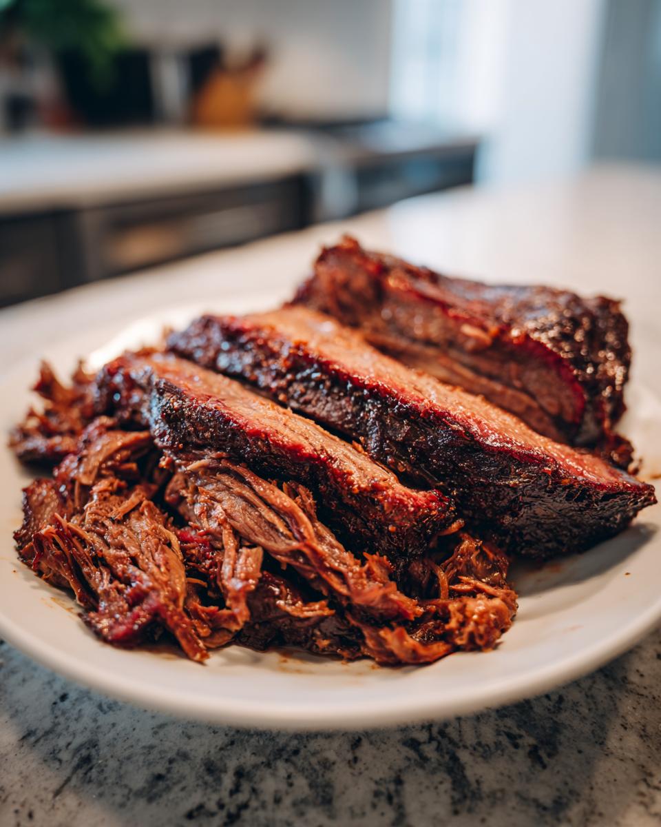 Close-up of tender, sliced slow cooker beef brisket with a dark, flavorful bark.