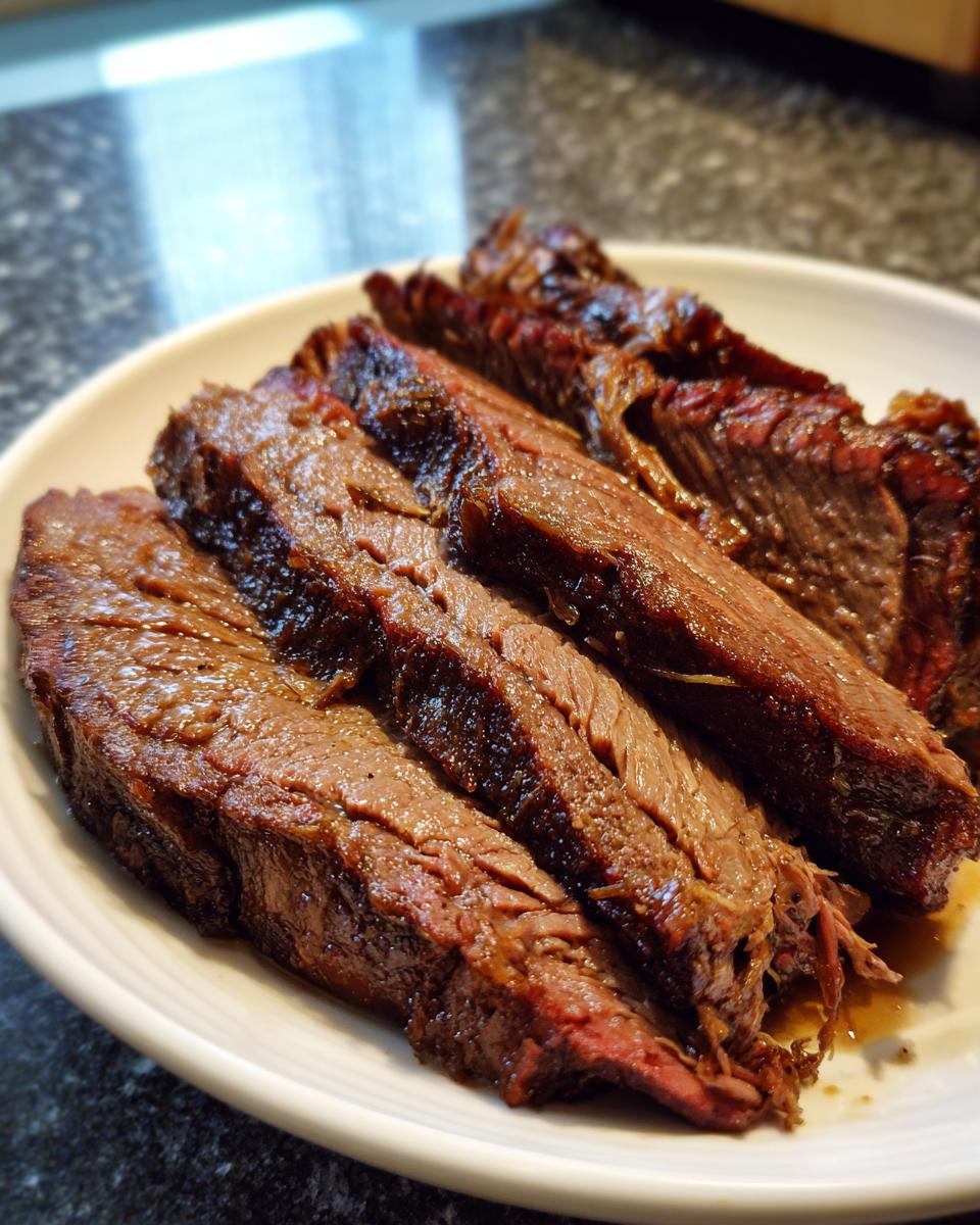 Close-up of juicy, tender slices of slow cooker beef brisket on a white plate.
