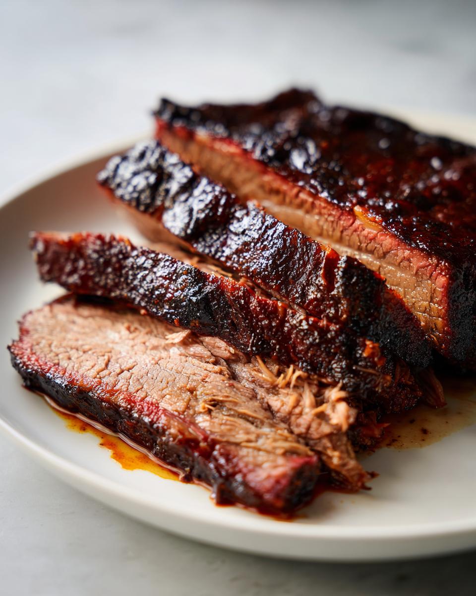 Close-up of tender, sliced slow cooker beef brisket with a dark, glossy bark on a white plate.