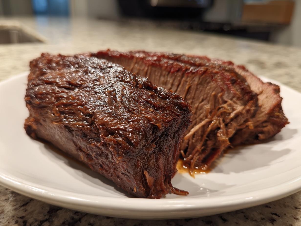 Close-up of tender, juicy slow cooker beef brisket slices on a white plate.