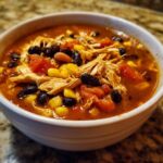 A close-up of a bowl of Slow Cooker Chicken Enchilada Soup, filled with shredded chicken, black beans, corn, and tomatoes.