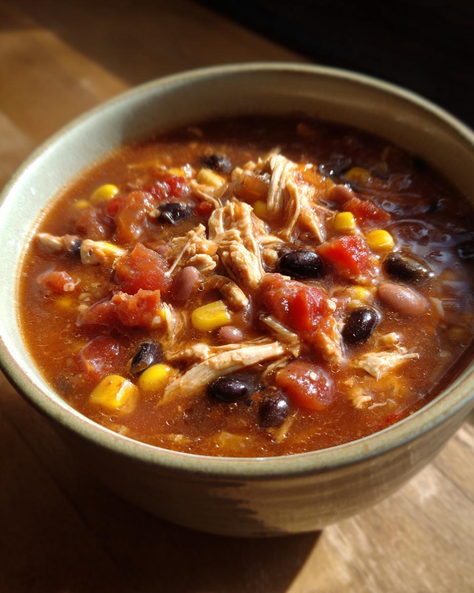 A close-up bowl of delicious Slow Cooker Chicken Enchilada Soup with shredded chicken, beans, and corn.
