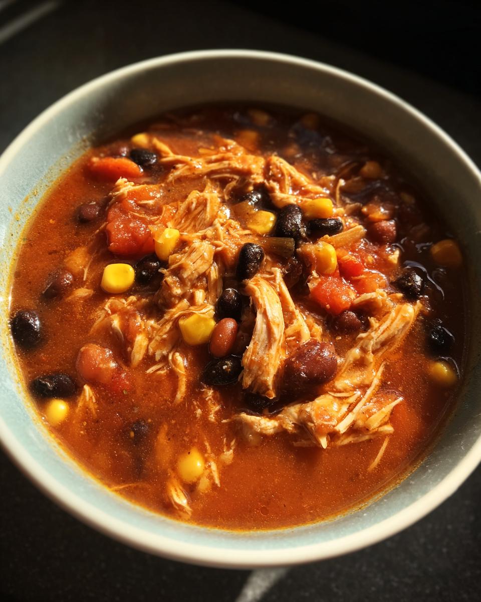 A bowl of delicious slow cooker chicken enchilada soup filled with shredded chicken, black beans, corn, and tomatoes.