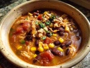 A close-up of a bowl of slow cooker chicken enchilada soup with shredded chicken, black beans, corn, and tomatoes.