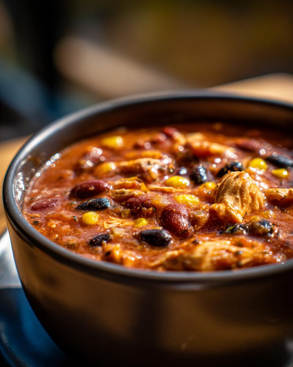 A close-up of a bowl of slow cooker chicken enchilada soup with chicken, beans, and corn.