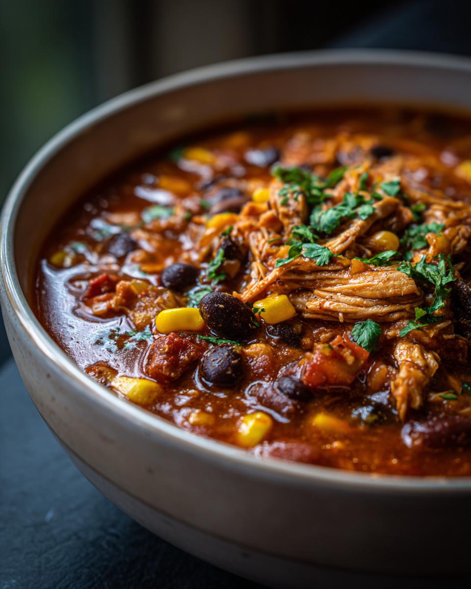 A close-up of a bowl of slow cooker chicken enchilada soup, featuring shredded chicken, black beans, corn, and cilantro.