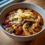 A close-up of a hearty bowl of slow cooker chicken tortilla soup, topped with shredded chicken, black beans, corn, cheese, and tortilla strips.
