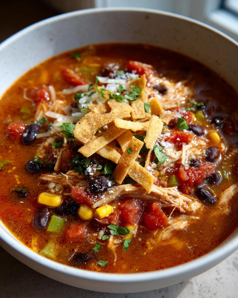 A close-up of a bowl of slow cooker chicken tortilla soup, topped with shredded chicken, black beans, corn, tomatoes, cheese, and tortilla strips.