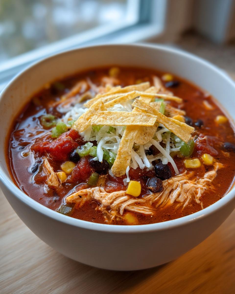 A close-up of a steaming bowl of slow cooker chicken tortilla soup, topped with shredded cheese, tortilla strips, and green onions.