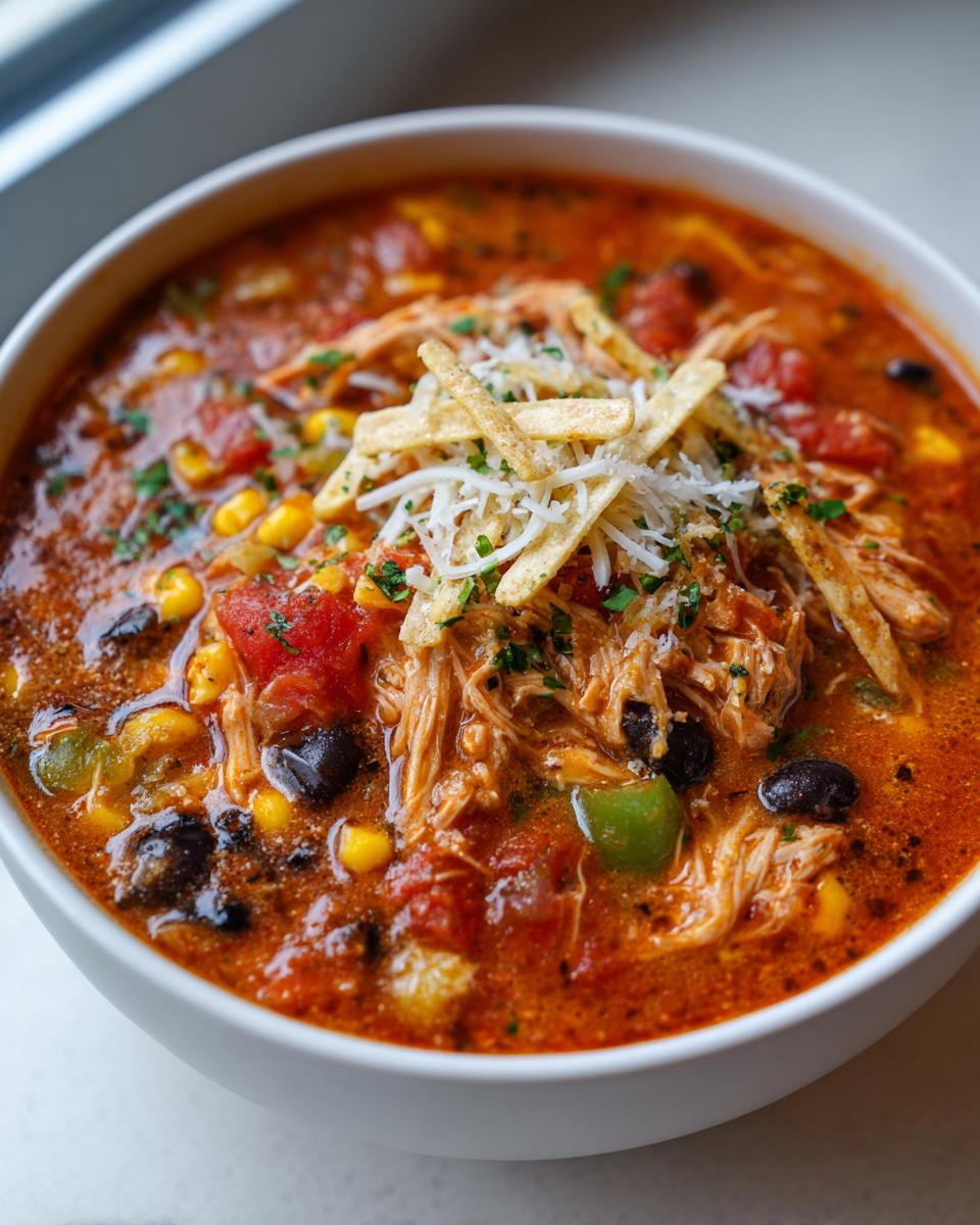 A close-up of a white bowl filled with delicious slow cooker chicken tortilla soup, topped with shredded chicken, corn, beans, and tortilla strips.
