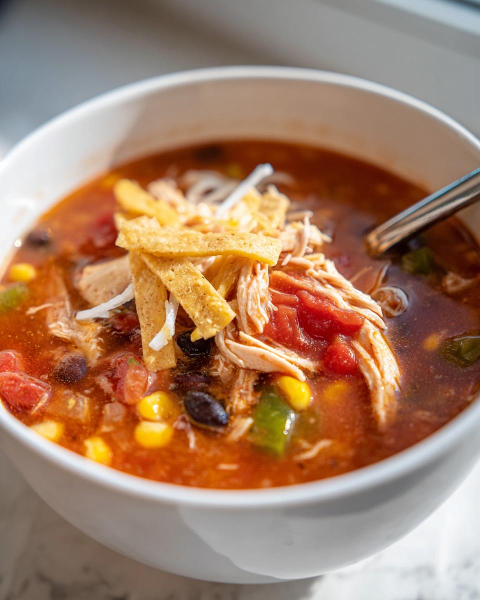 A close-up of a bowl of slow cooker chicken tortilla soup, topped with shredded chicken, tortilla strips, and diced tomatoes.