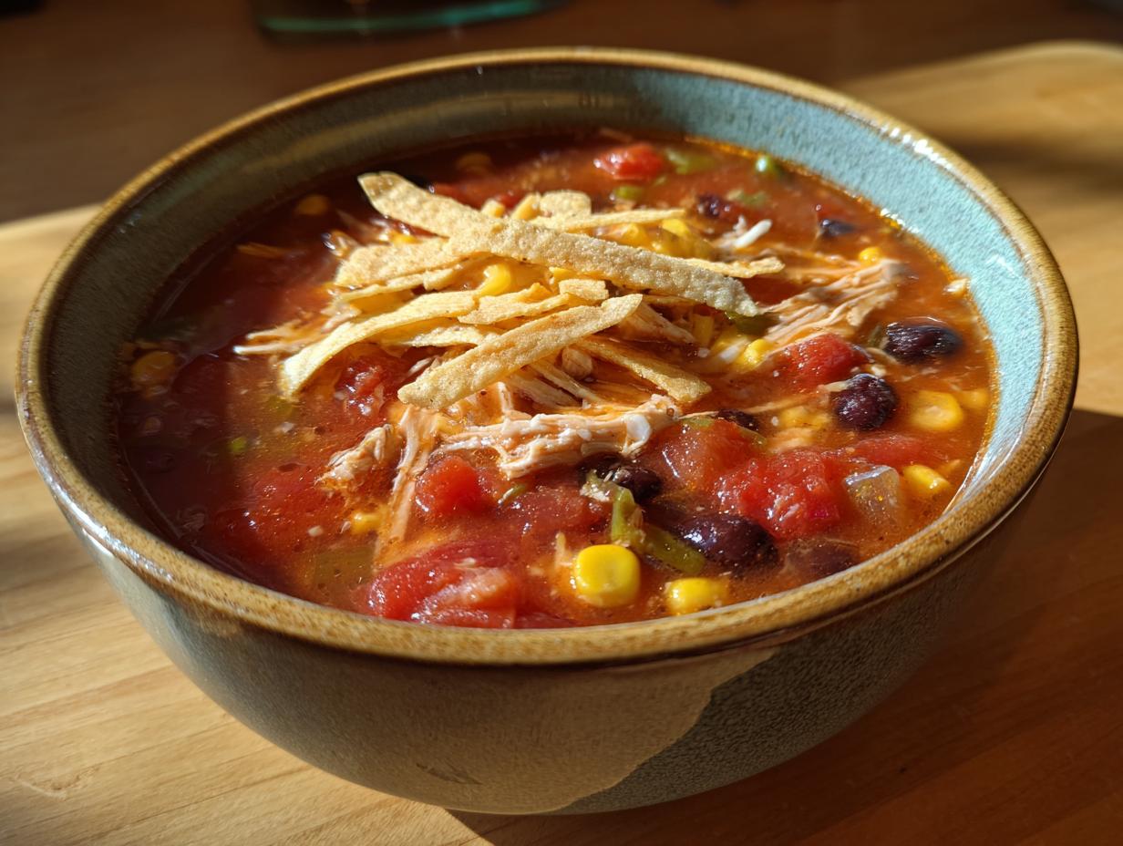 A close-up view of a bowl of slow cooker chicken tortilla soup, filled with chicken, beans, corn, and topped with tortilla strips.