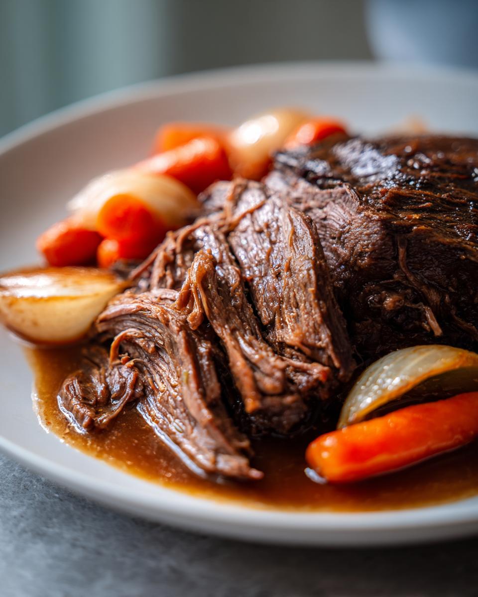 Close-up of a juicy, shredded slow cooker pot roast served with tender carrots and onions in a rich gravy.