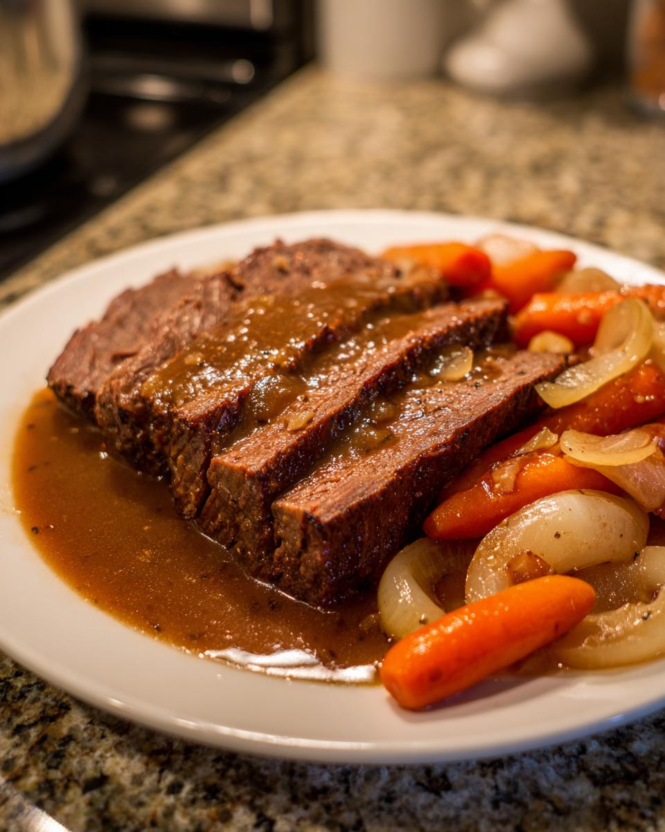 Close-up of sliced slow cooker pot roast, generously covered in gravy, served with tender carrots and onions on a white plate.
