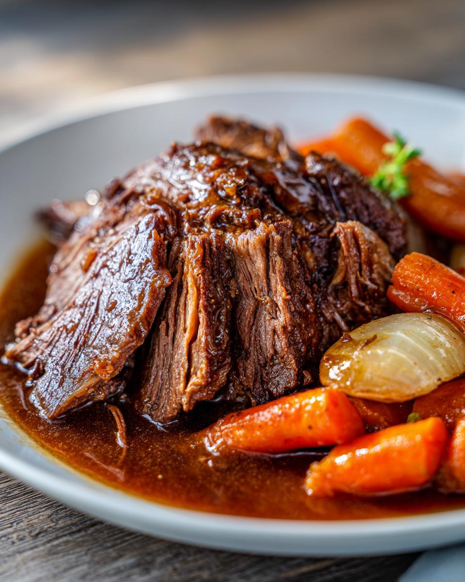 A close-up of a juicy slow cooker pot roast, falling apart with tender meat, served with carrots and onions in rich gravy.