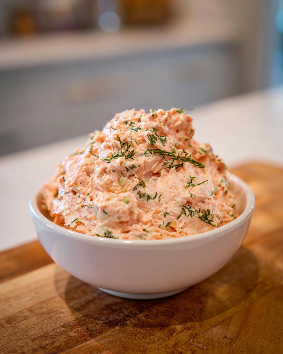 A white bowl filled with creamy smoked salmon dip, garnished with fresh dill.
