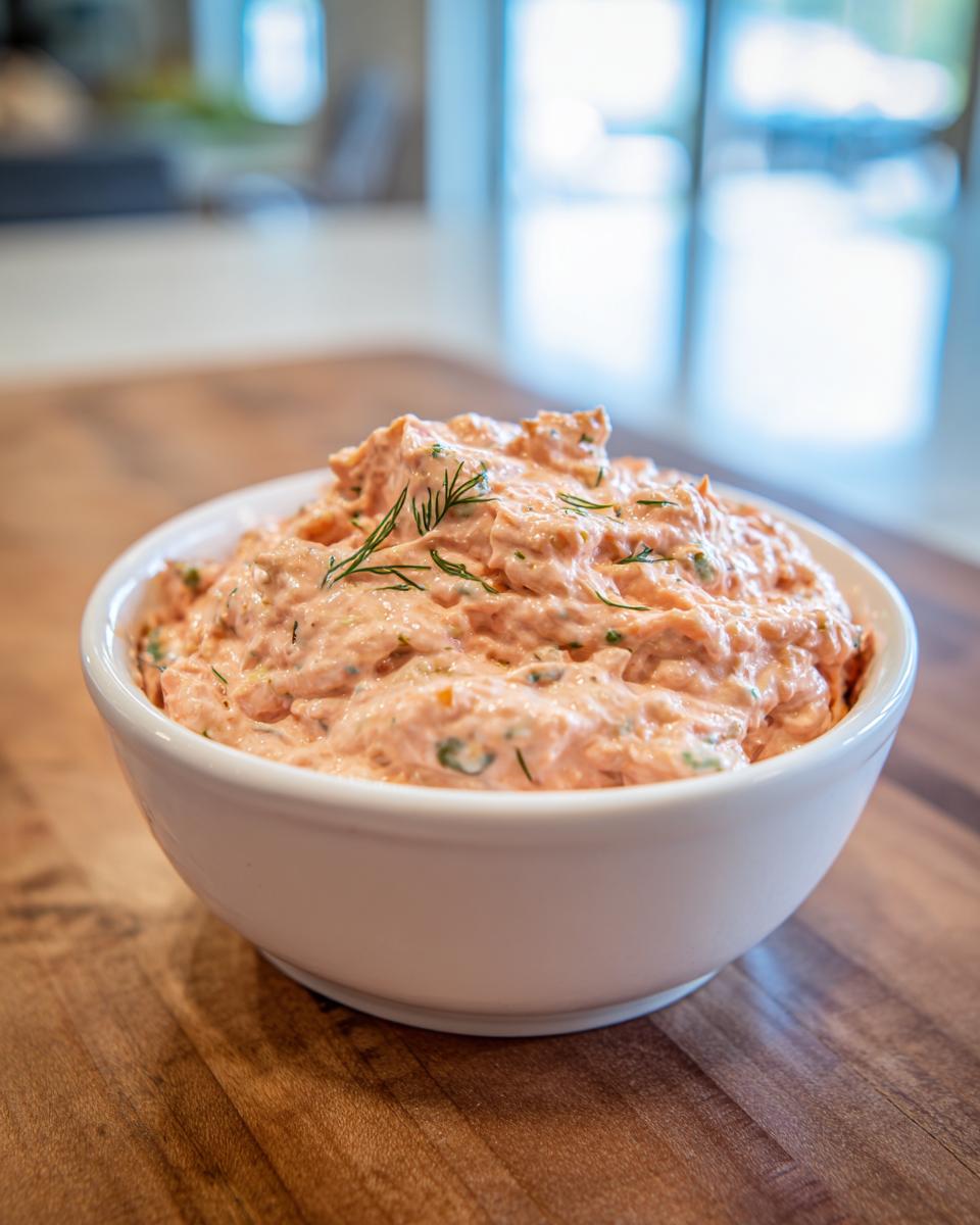 A close-up of a white bowl filled with delicious smoked salmon dip, garnished with fresh dill.