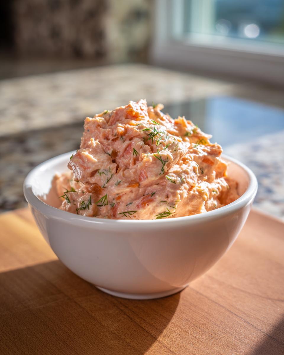 A close-up of a white bowl filled with creamy smoked salmon dip, garnished with fresh dill.