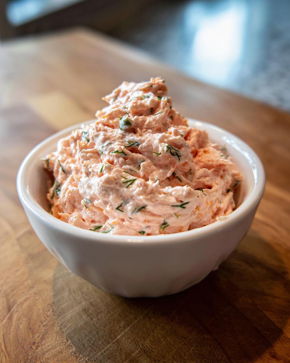 A close-up of a white bowl filled with creamy smoked salmon dip, garnished with fresh dill and capers.