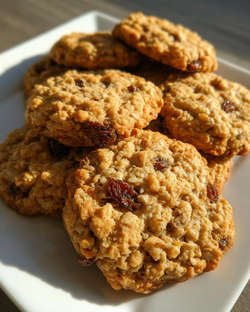 A close-up of a stack of soft chewy oatmeal raisin cookies on a white plate.