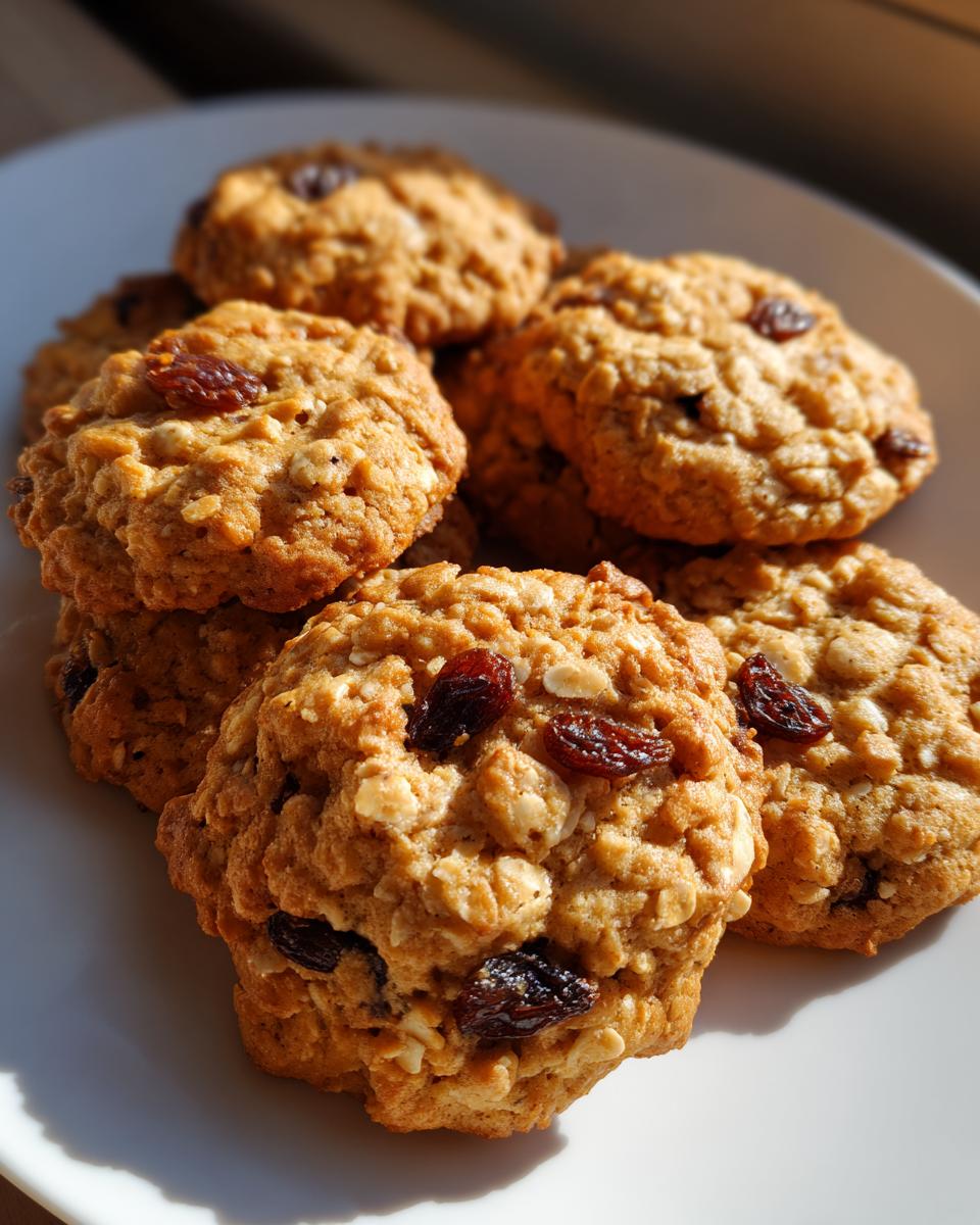 A pile of soft and chewy oatmeal raisin cookies on a white plate, with visible oats and raisins.